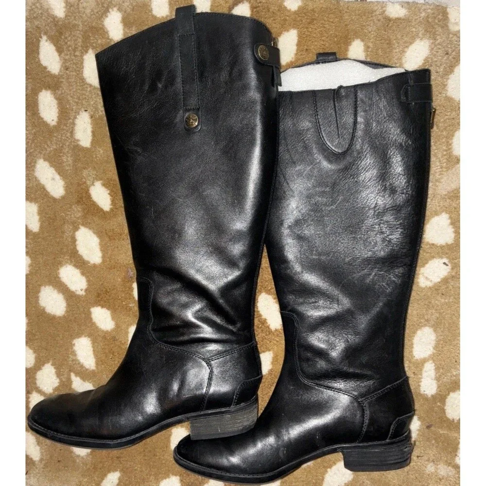 Sam Edelman Women’s Black Leather Riding Boots Wide Calf Knee High Zip